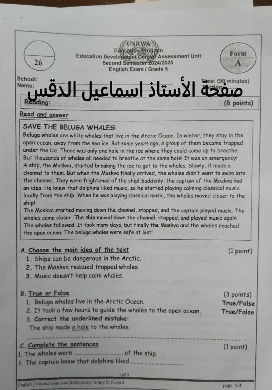 بالصور امتحان نهائي لمادة اللغة الانجليزية للصف الخامس الفصل الثاني نموذج A وكالة 2025